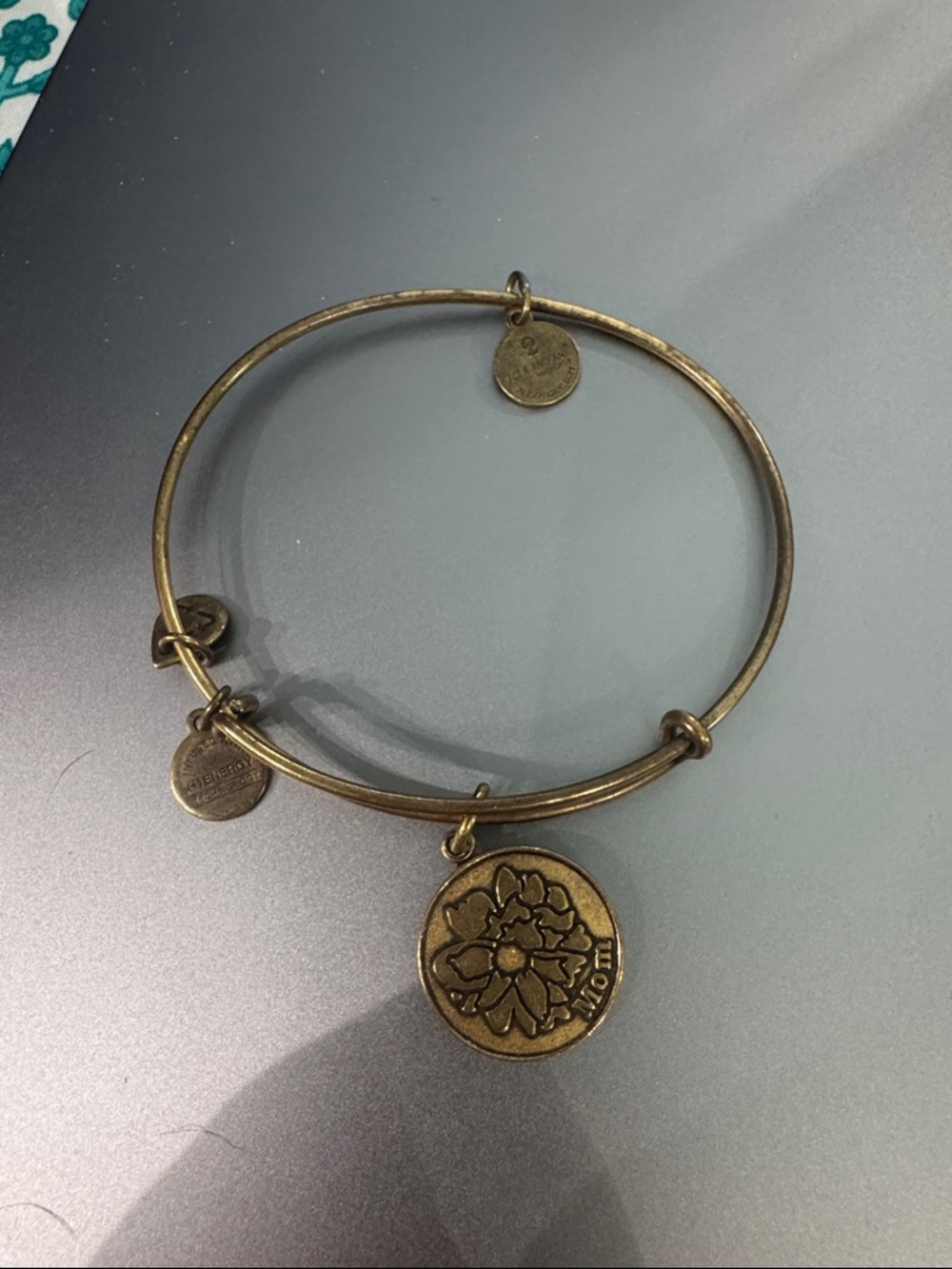Alex and Ani Antique Gold Floral Coin Charm Bangle Bracelet